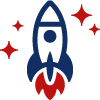 Blue and red icon of rocketship - harness the power of humans